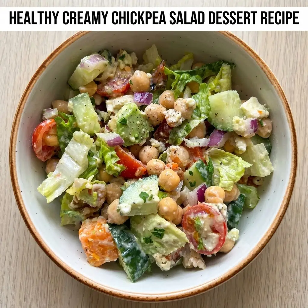 Close-up of a bowl of Healthy Creamy Chickpea Salad with cucumbers, tomatoes, and red onion, with the text title 'Healthy CREAMY CHICKPEA SALAD DESSERT Recipe' overlay.