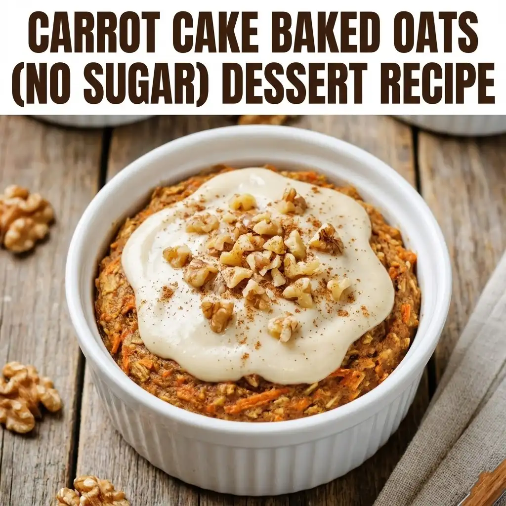 Close-up of sugar-free Carrot Cake Baked Oats in a white ramekin, topped with creamy yogurt frosting and chopped walnuts, with the text title 'Carrot Cake Baked Oats (No Sugar) DESSERT Recipe' overlay.
