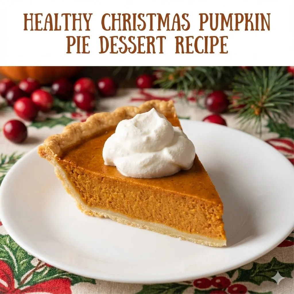 Slice of Healthy Christmas Pumpkin Pie on a white plate topped with a dollop of whipped cream, with the text title 'Healthy Christmas Pumpkin Pie Dessert Recipe' overlay.