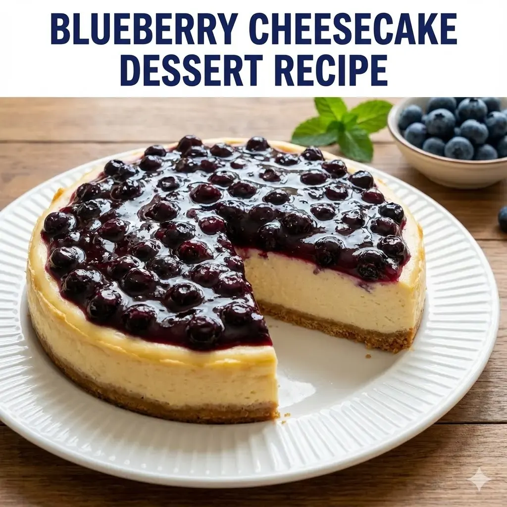 Whole Healthy Blueberry Cheesecake Dessert topped with a rich, dark berry compote on a white plate, with the text title 'Blueberry Cheesecake Dessert Recipe' overlay.