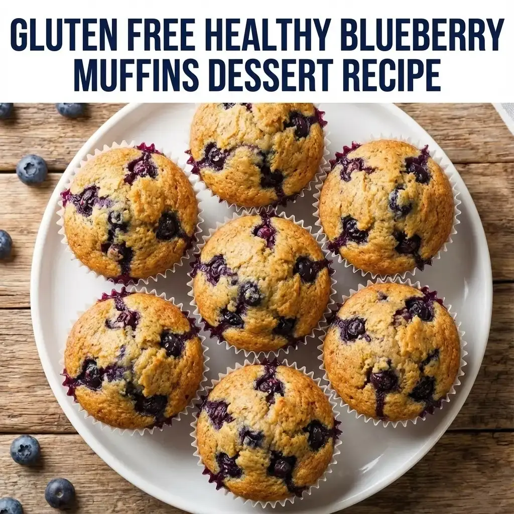 Close-up of moist Gluten Free Healthy Blueberry Muffins arranged on a white plate, bursting with fresh blueberries, with the text title 'Gluten Free Healthy Blueberry Muffins Dessert Recipe' overlay.