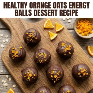 Top-down view of chocolate-coated Healthy Orange Oats Energy Balls sprinkled with fresh orange zest, arranged on a white plate with the text title 'Healthy Orange Oats Energy Balls DESSERT Recipe' overlay.