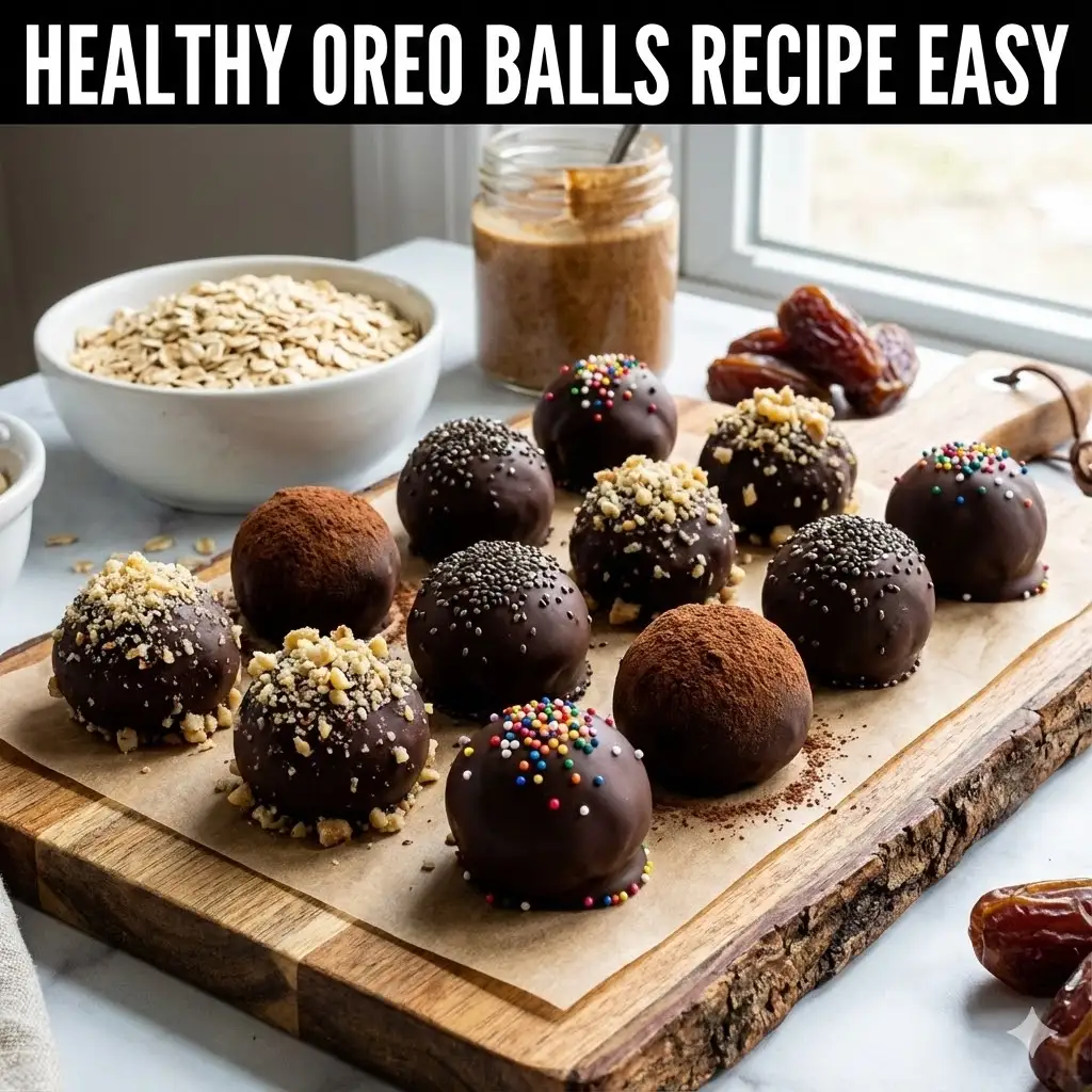 A variety of homemade Healthy Oreo Balls coated in chocolate and decorated with sprinkles, chopped nuts, chia seeds, and cocoa powder, arranged on a rustic wooden board with ingredients like oats and dates in the background. The image includes the text heading "HEALTHY OREO BALLS RECIPE EASY" at the top.
