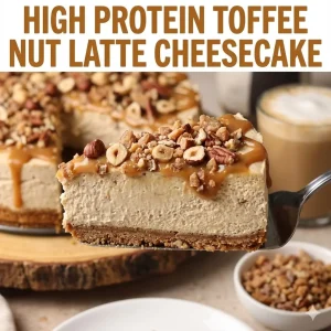 Slice of High Protein Toffee Nut Latte Cheesecake being lifted on a server, showing a thick creamy coffee filling and sticky nut topping, with the text title 'High Protein Toffee Nut Latte Cheesecake' overlay.