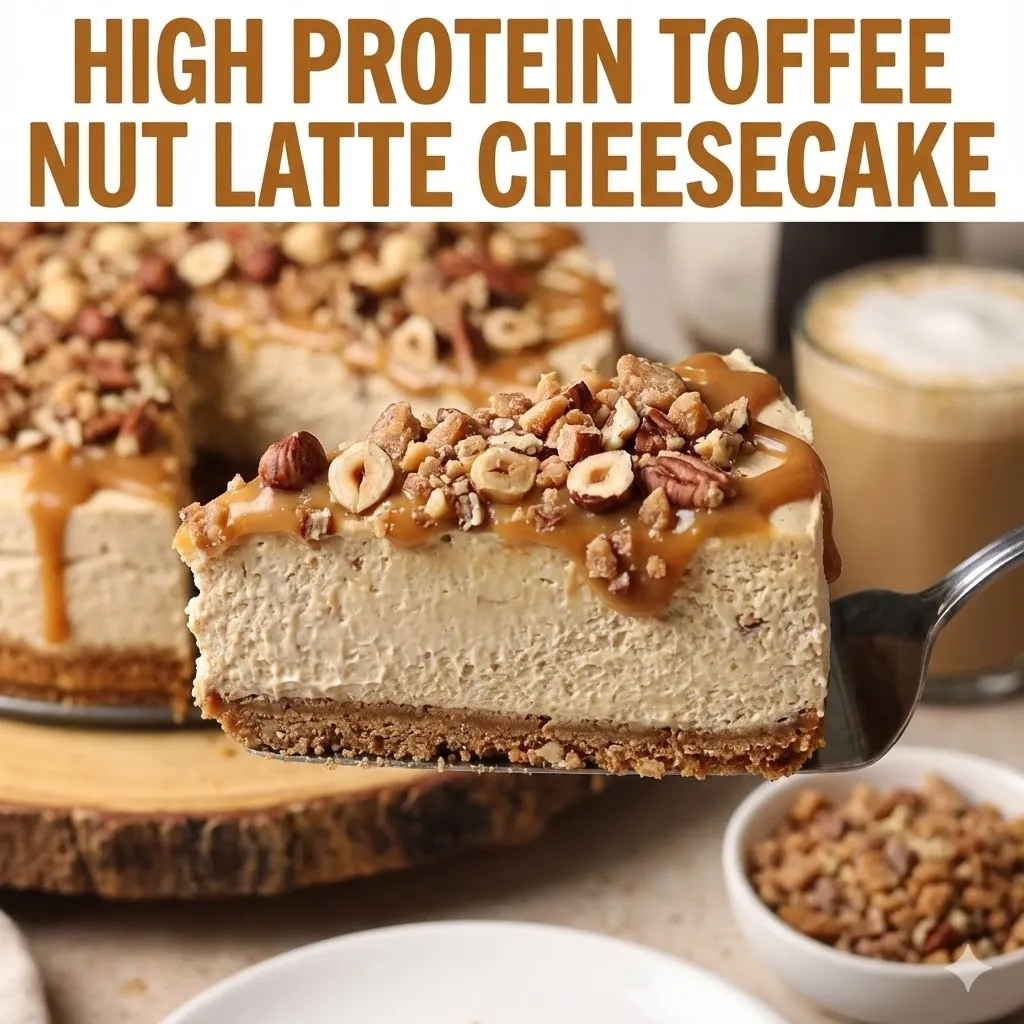 Slice of High Protein Toffee Nut Latte Cheesecake being lifted on a server, showing a thick creamy coffee filling and sticky nut topping, with the text title 'High Protein Toffee Nut Latte Cheesecake' overlay.