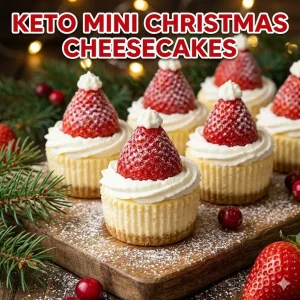 Keto Mini Christmas Cheesecakes topped with fresh strawberries and whipped cream to resemble Santa hats, with the text title 'KETO MINI CHRISTMAS CHEESECAKES' overlay.