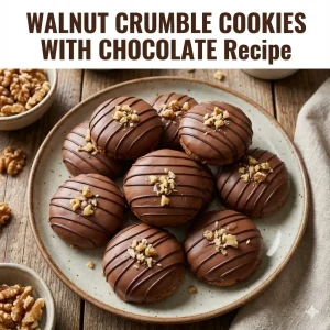 A platter of Walnut Crumble Cookies coated in chocolate and topped with chopped walnuts, with the text title 'WALNUT CRUMBLE COOKIES WITH CHOCOLATE' displayed at the top.