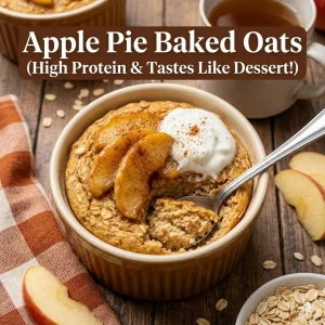 High protein Apple Pie Baked Oats recipe served in a ceramic bowl with healthy apple toppings and Greek yogurt.
