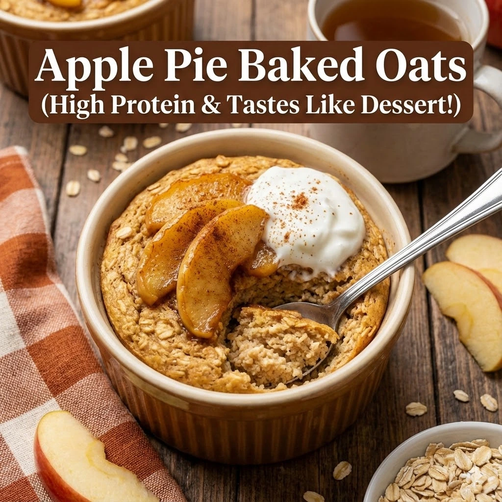 High protein Apple Pie Baked Oats recipe served in a ceramic bowl with healthy apple toppings and Greek yogurt.