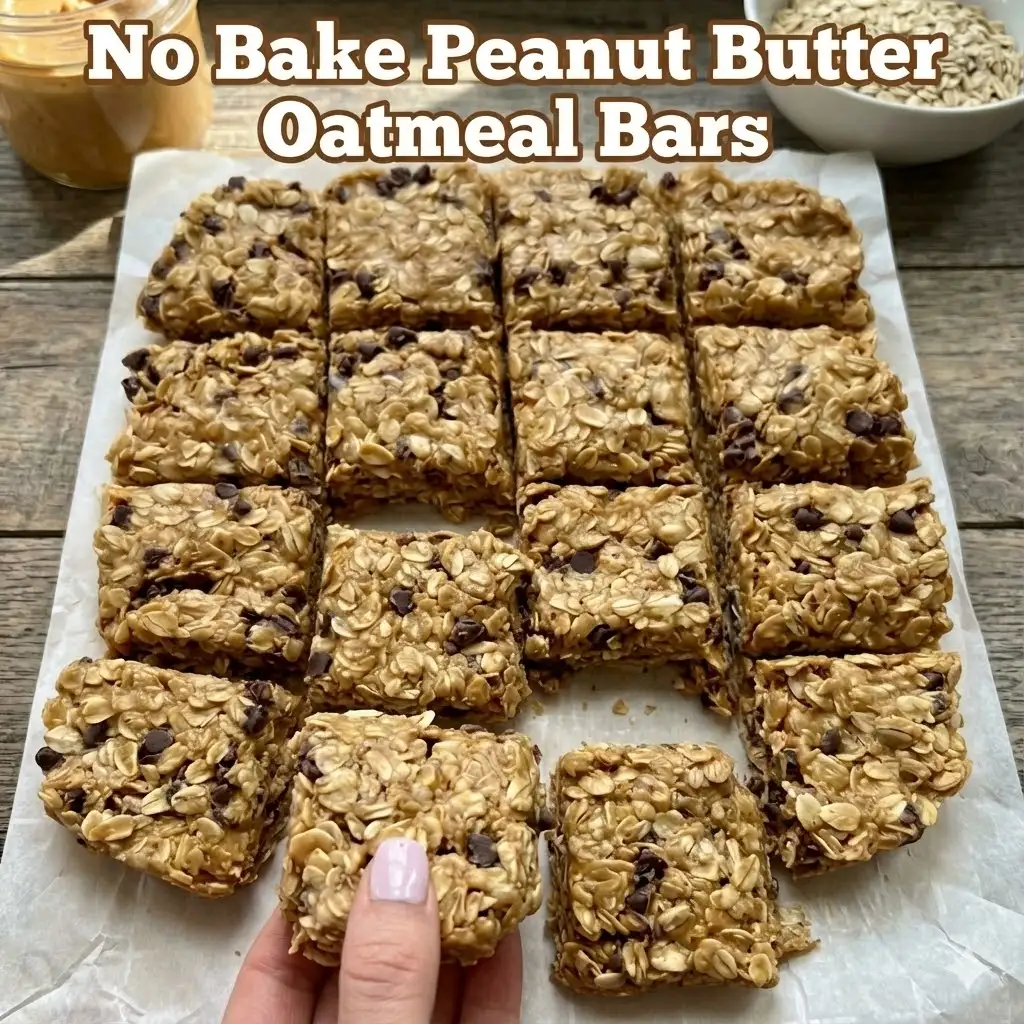 Hand holding a chewy No Bake Peanut Butter Oatmeal Bar loaded with chocolate chips, with the text title 'No Bake Peanut Butter Oatmeal Bars' displayed overhead.