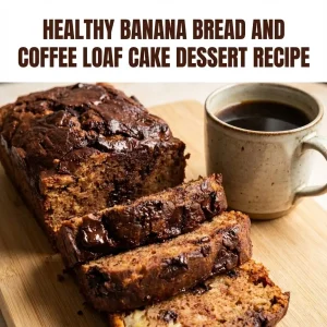 Stack of moist Healthy Banana Bread and Coffee Loaf Cake slices studded with chocolate chips, with the text title 'Healthy banana bread and coffee LOAF CAKE DESSERT Recipe' overlay.