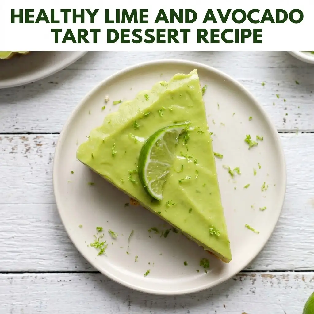 Top-down view of a slice of bright green Healthy Lime and Avocado Tart on a white plate, garnished with a fresh lime wedge and zest, with the text title 'Healthy Lime and Avocado Tart Dessert Recipe' overlay.